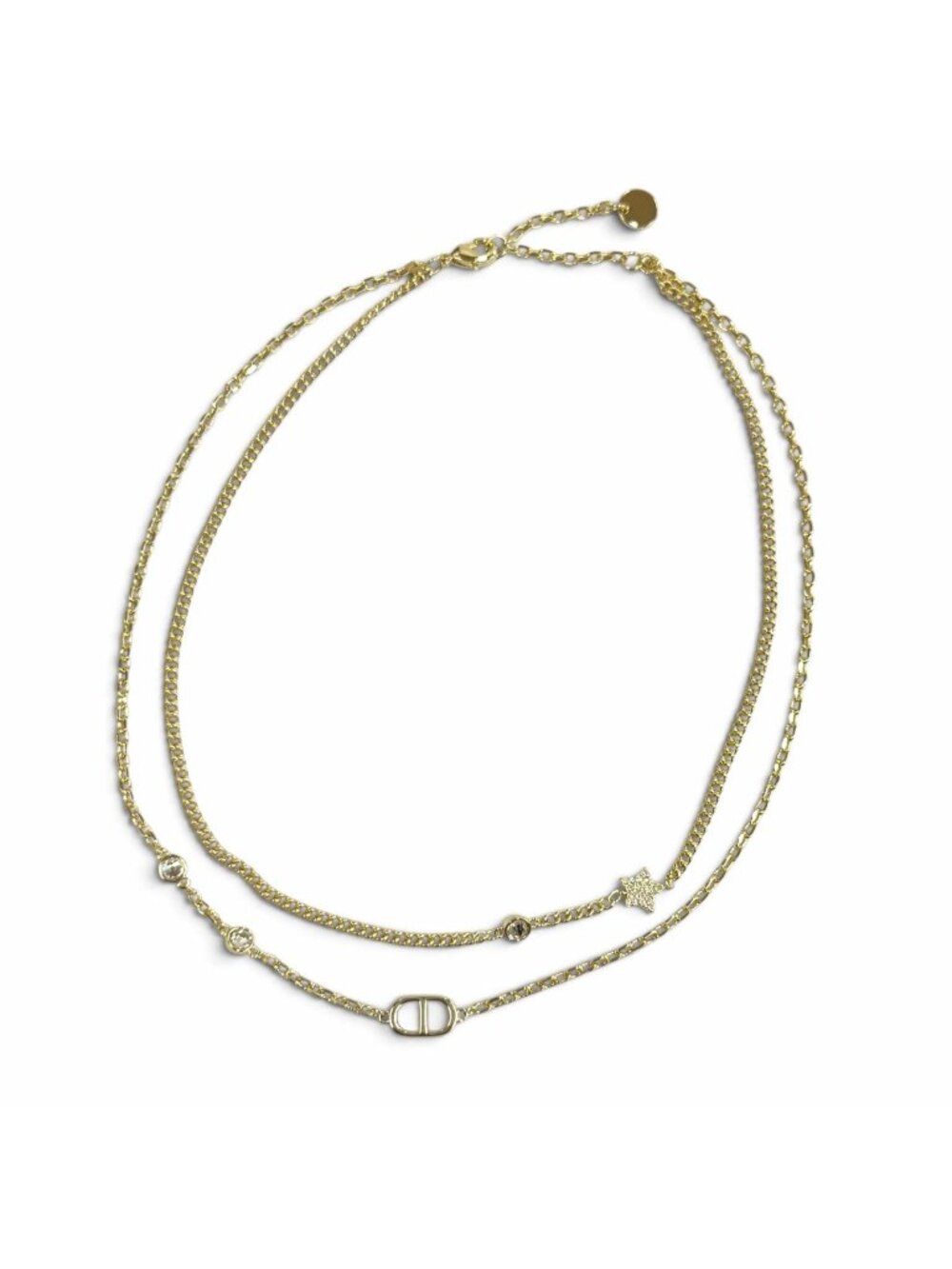 Dior Petit CD Double Necklace Rhinestone Star Charm Pendant Gold